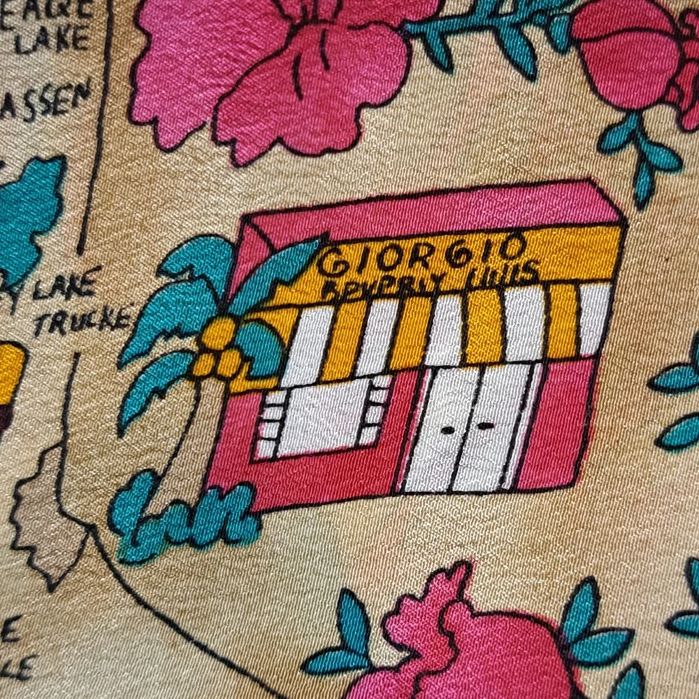 Silk Georgio Beverly Hills California Graphic Scarf in Pink and Teal